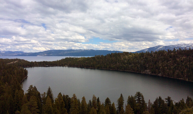 Cascade Lake and the Surrounding Forest Below the Cascade Falls Trail, Lake,  Tahoe, California, USA Stock Photo