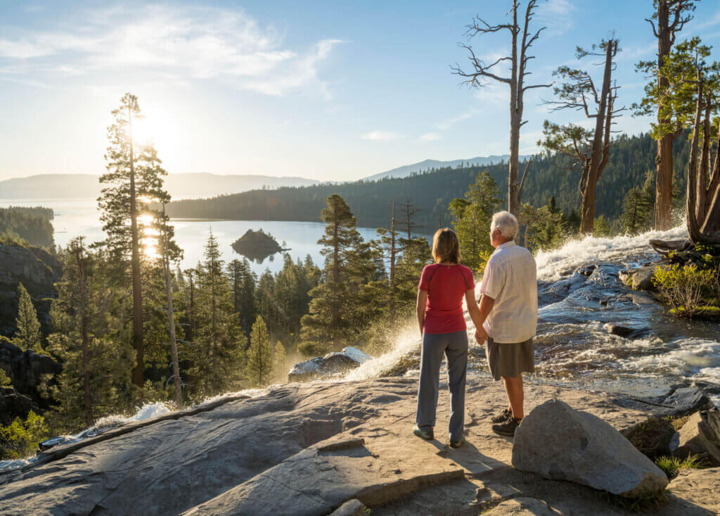 Couple standing at Eagle Falls at Emerald Bay Lake Tahoe