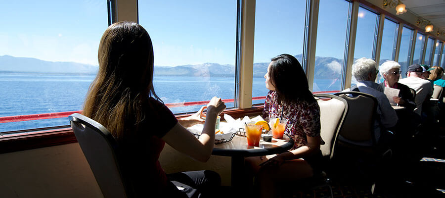 View from a table inside the M.S. Dixie II Paddlewheeler on Lake Tahoe