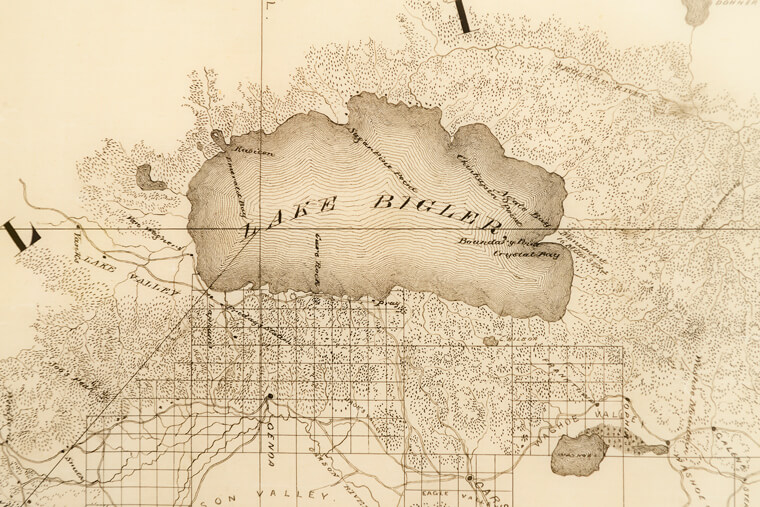 Lake Tahoe artwork | "California Nevada Survey Map" (detail), 1863, Ink on parchment, 48 x 21 ¼ inches, Collection of Nevada State Library and Archives, Carson City | Photo courtesy of Nevada Museum of Art