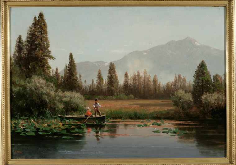 Lake Tahoe artwork | Thomas Hill, "Fishing on a Stream near Mount Tallac," circa 1873, Oil on paper mounted on canvas, 15 x 21 ½ inches, Private Collection| Photo courtesy of Nevada Museum of Art