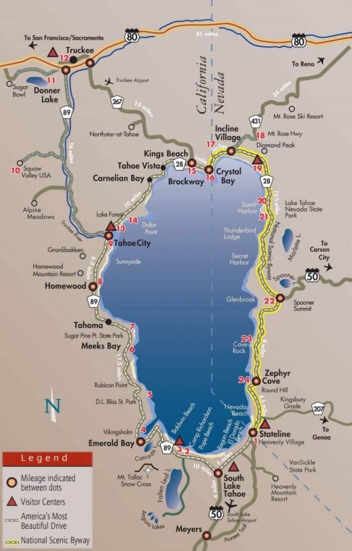 Map of Lake Tahoe via America's Most Beautiful Drive