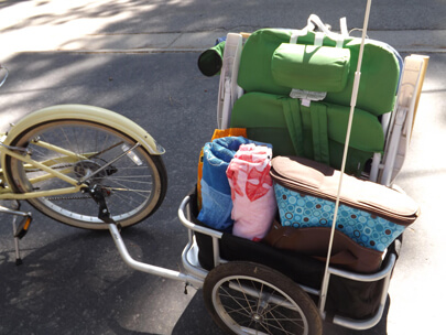 Family biking to beach 