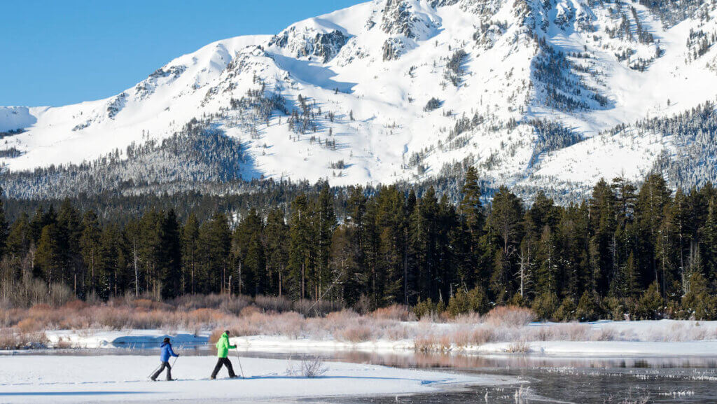 Couple cross country skiing at Lake Tahoe