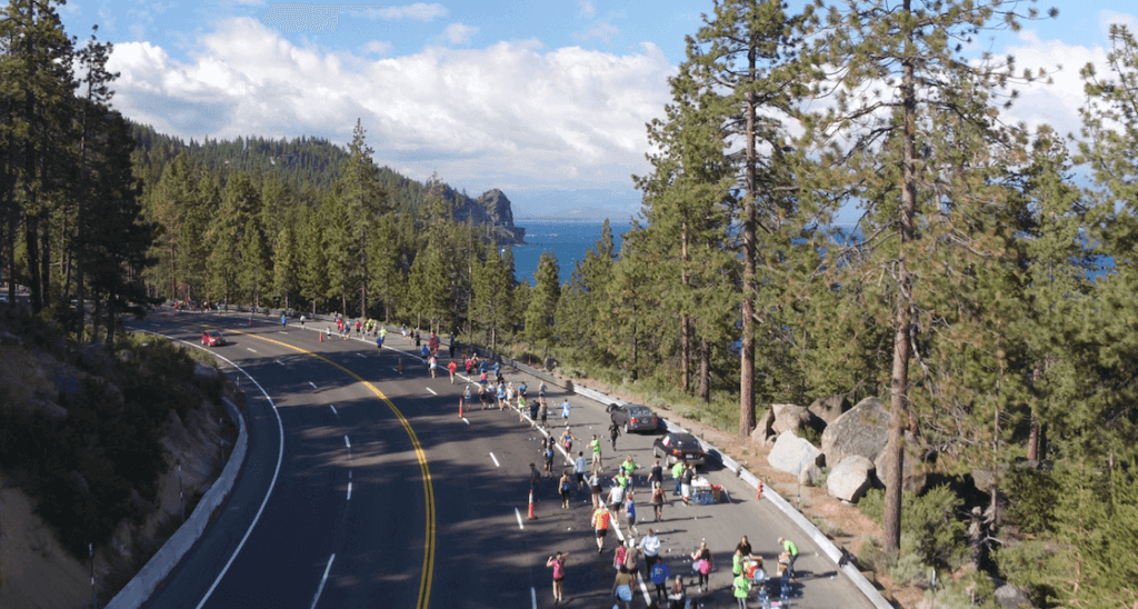 Runners going through Logan Shoals and Cave Rock for the Rock Tahoe Half Marathon