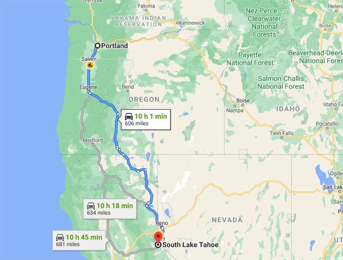 Map of drive from Portland OR to South Lake Tahoe CA