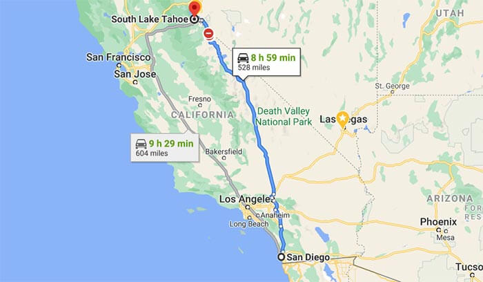 Map of Drive from San Diego CA to South Lake Tahoe CA