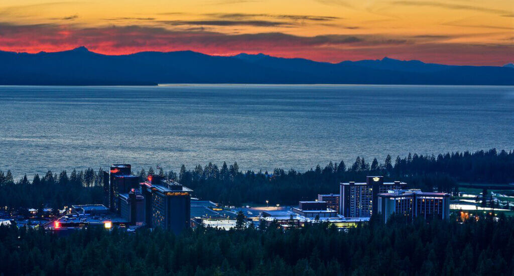 Sunset over the Lake Tahoe South Shore Casinos