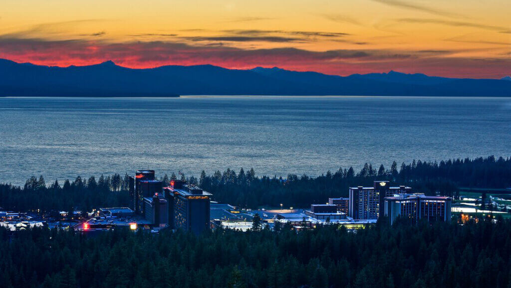 Sunset over the Lake Tahoe South Shore Casinos