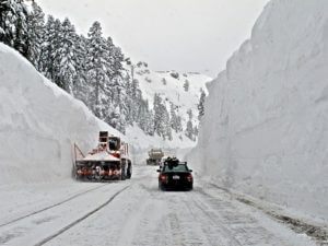 Deep snow on the side of the roads on the way to Kirkwood Ski Resort