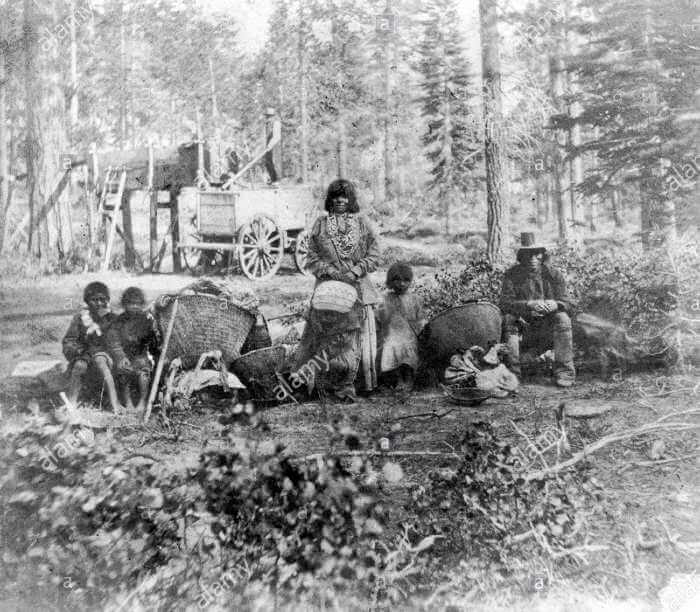Old photo of Washoe People in Lake Tahoe forest