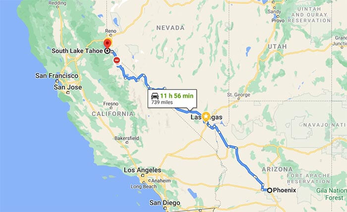 Map of drive from Phoenix AZ to South Lake Tahoe CA
