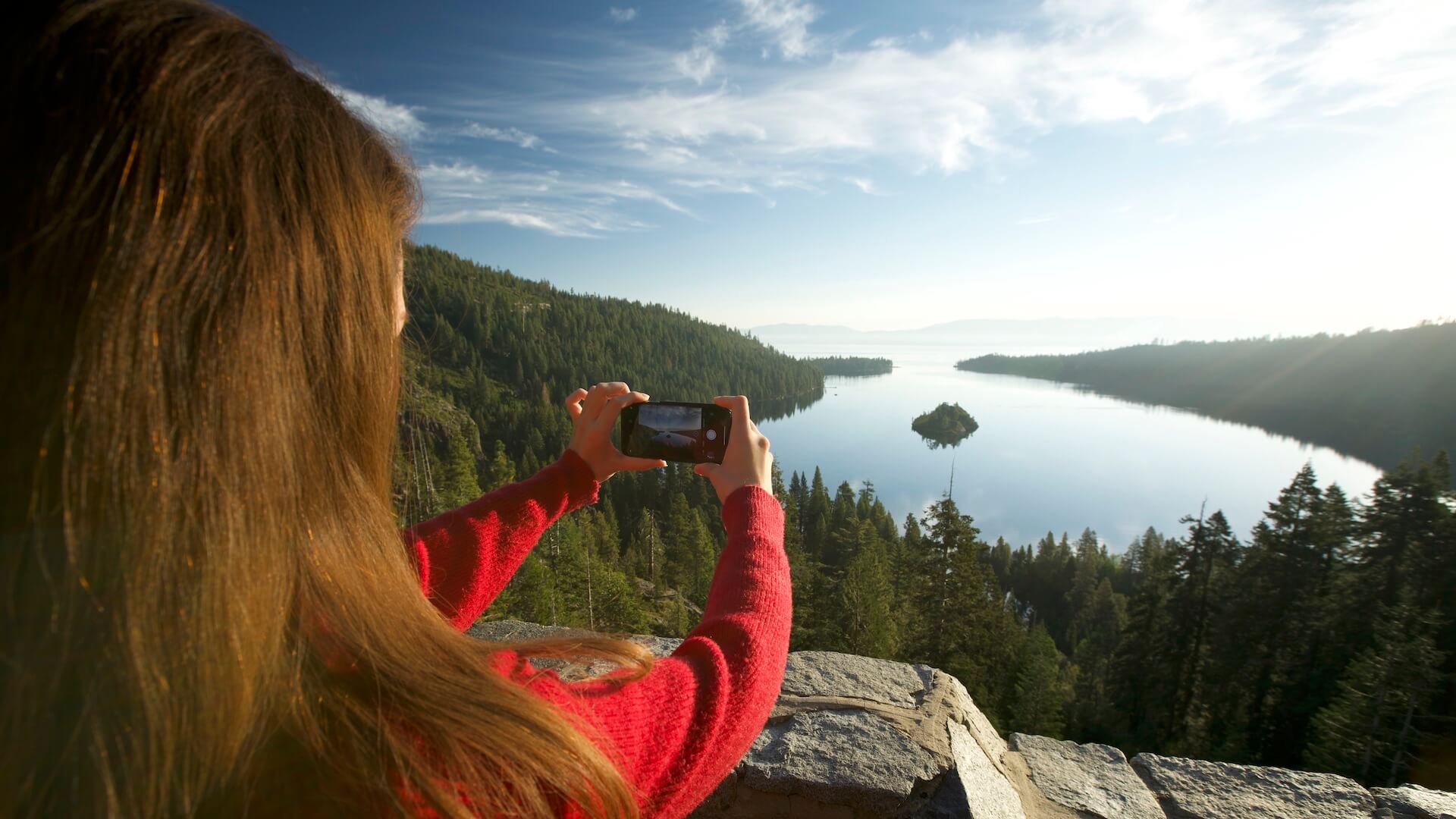 Taking photos of scenic Emerald Bay State Park and Fannette Island