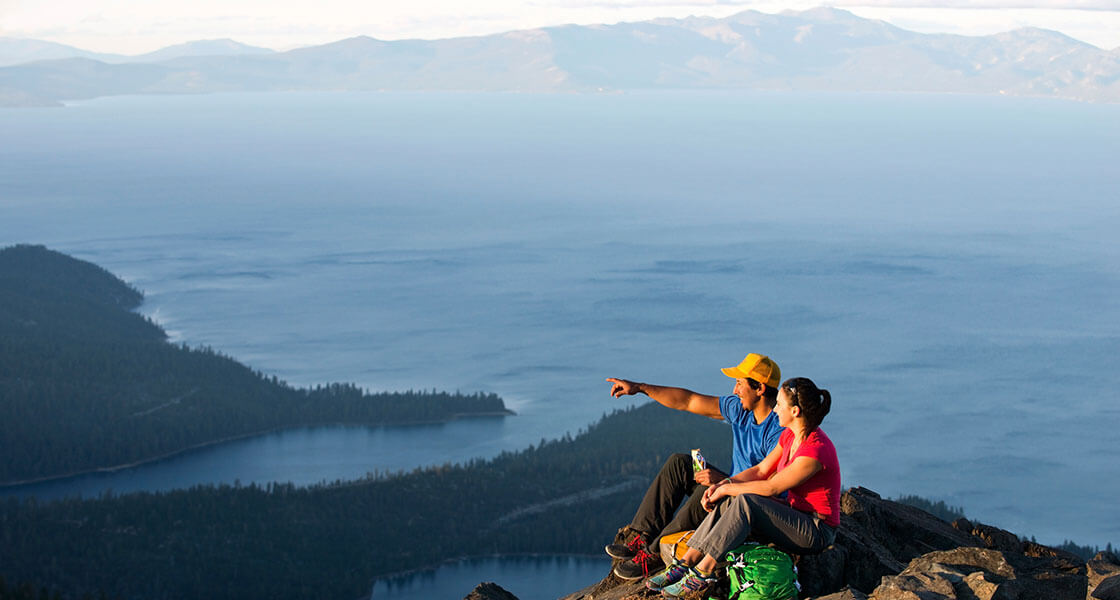 Hikers at the top of Mt Tallac Lake Tahoe