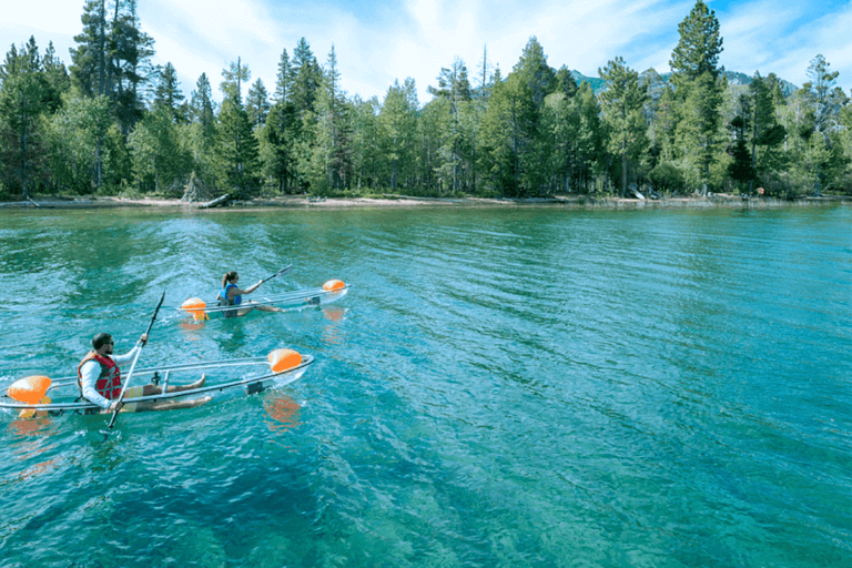 two people kayaking in clear kayaks