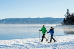 Snowshoeing on the shore of Lake Tahoe