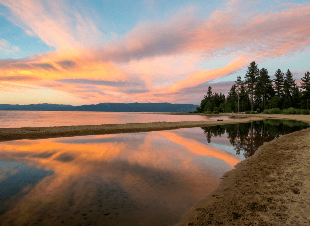 Sunset at Kiva Beach over Lake Tahoe