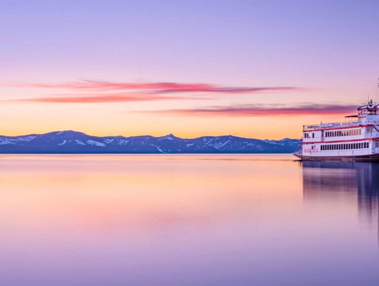 boat at sunset lake tahoe