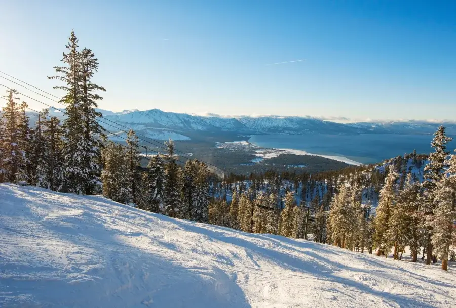 View of Lake Tahoe from a ski slope at Heavenly Mountain