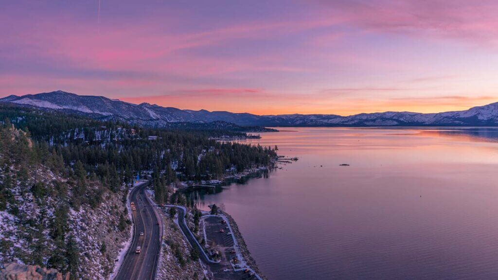 sunset over cave rock lake tahoe