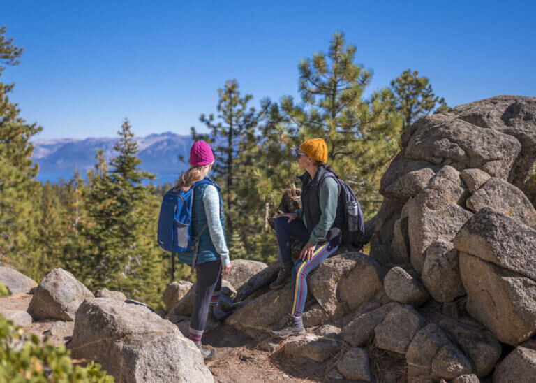 two women hiking in lake tahoe
