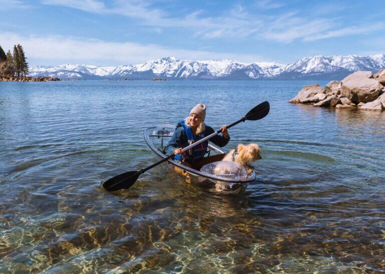 woman kayaking in lake tahoe