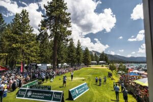 A celebrity teeing off at the American Century Celebrity Golf Tournament, 2023.