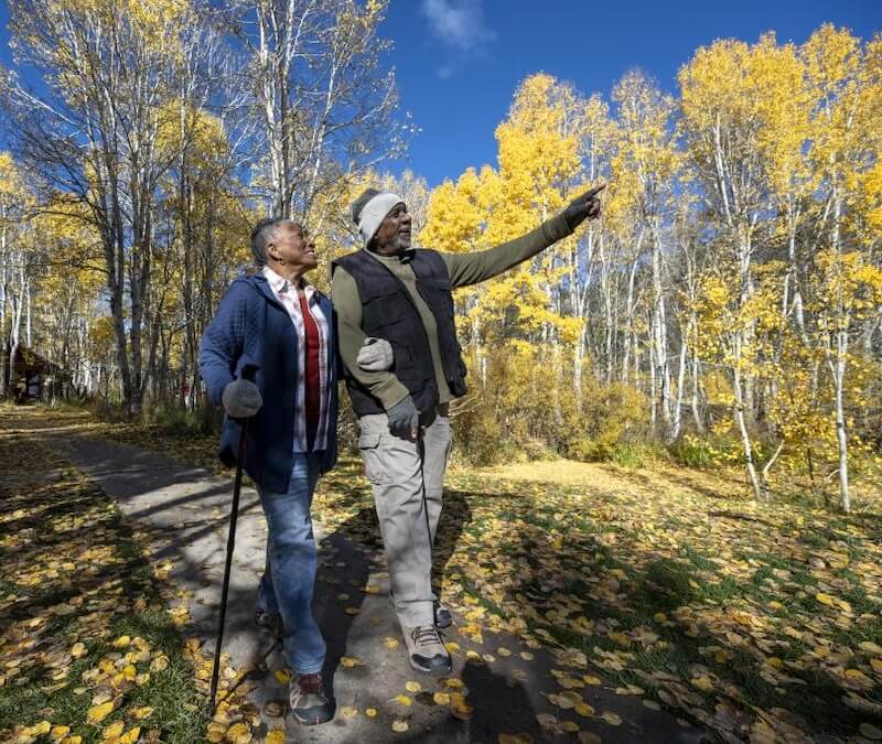 An older couple takes an autumn stroll.