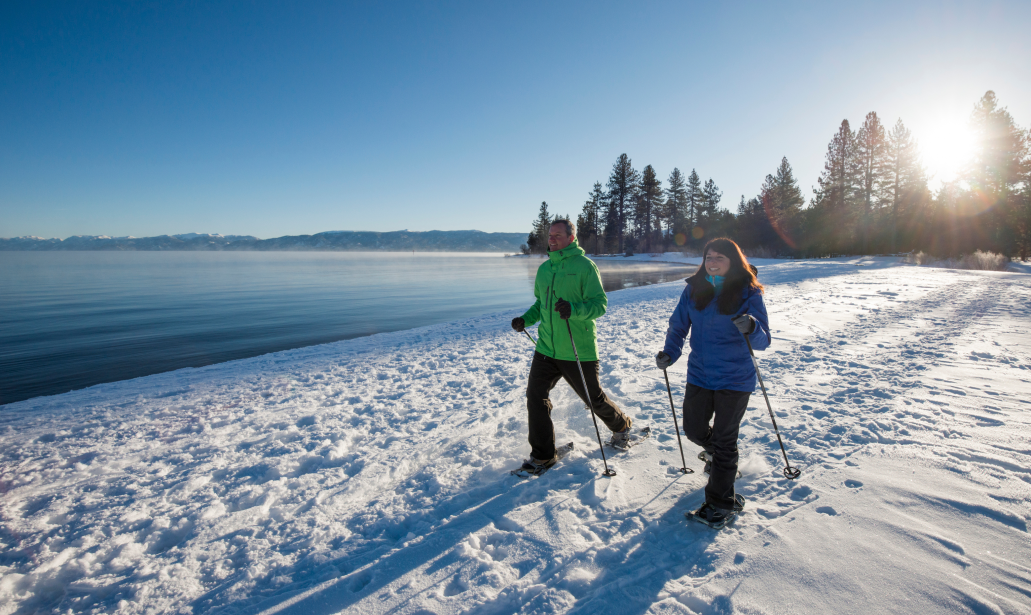 Snowshoeing on shore of Lake Tahoe