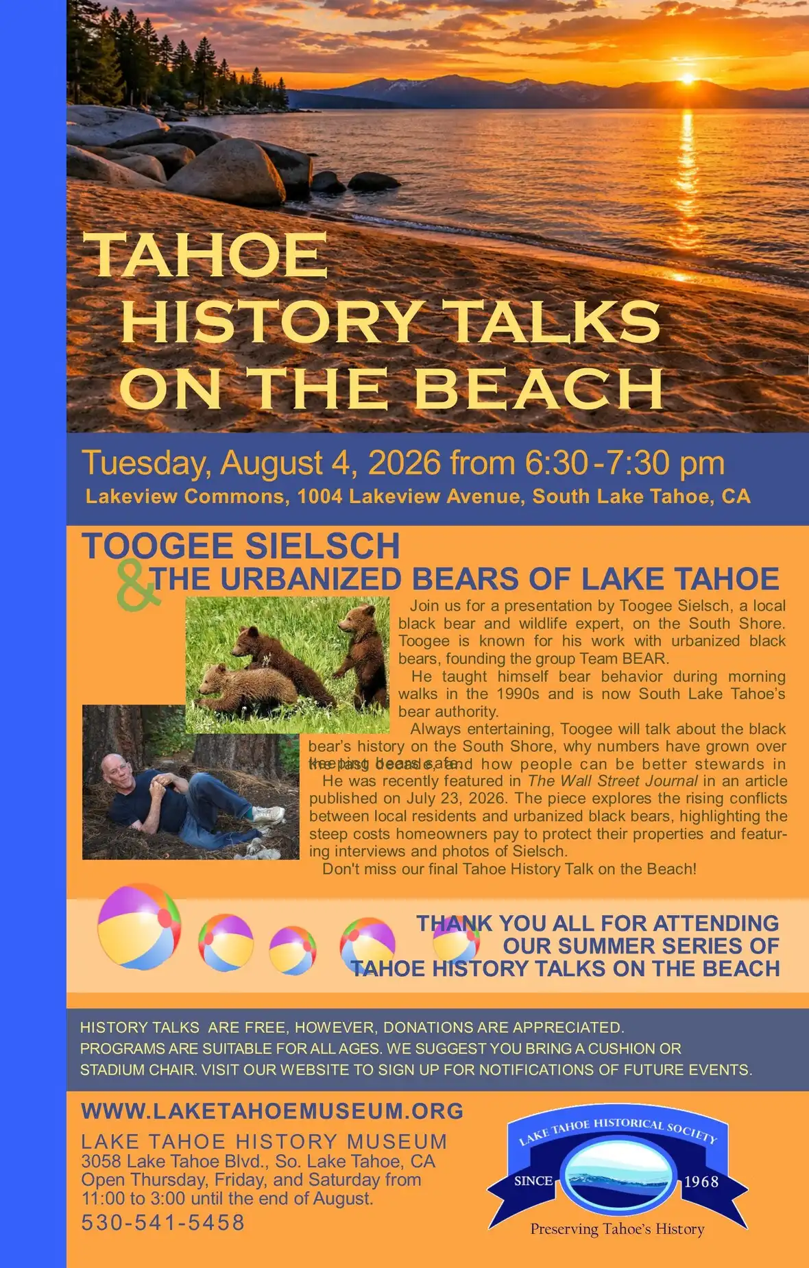 Tahoe History Talks on the Beach - Toogee Sielsch The Urbanized Bears of Lake Tahoe