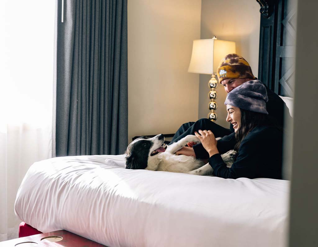 couple with dog at pet friendly hotel in lake tahoe