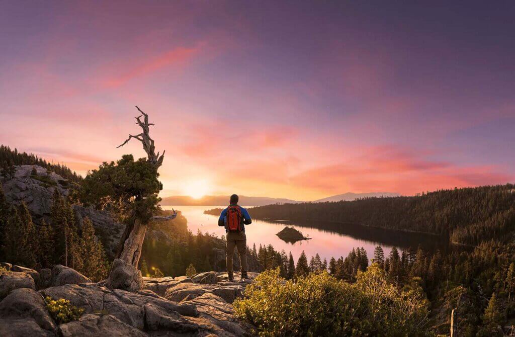 hiker at emerald bay in south lake tahoe