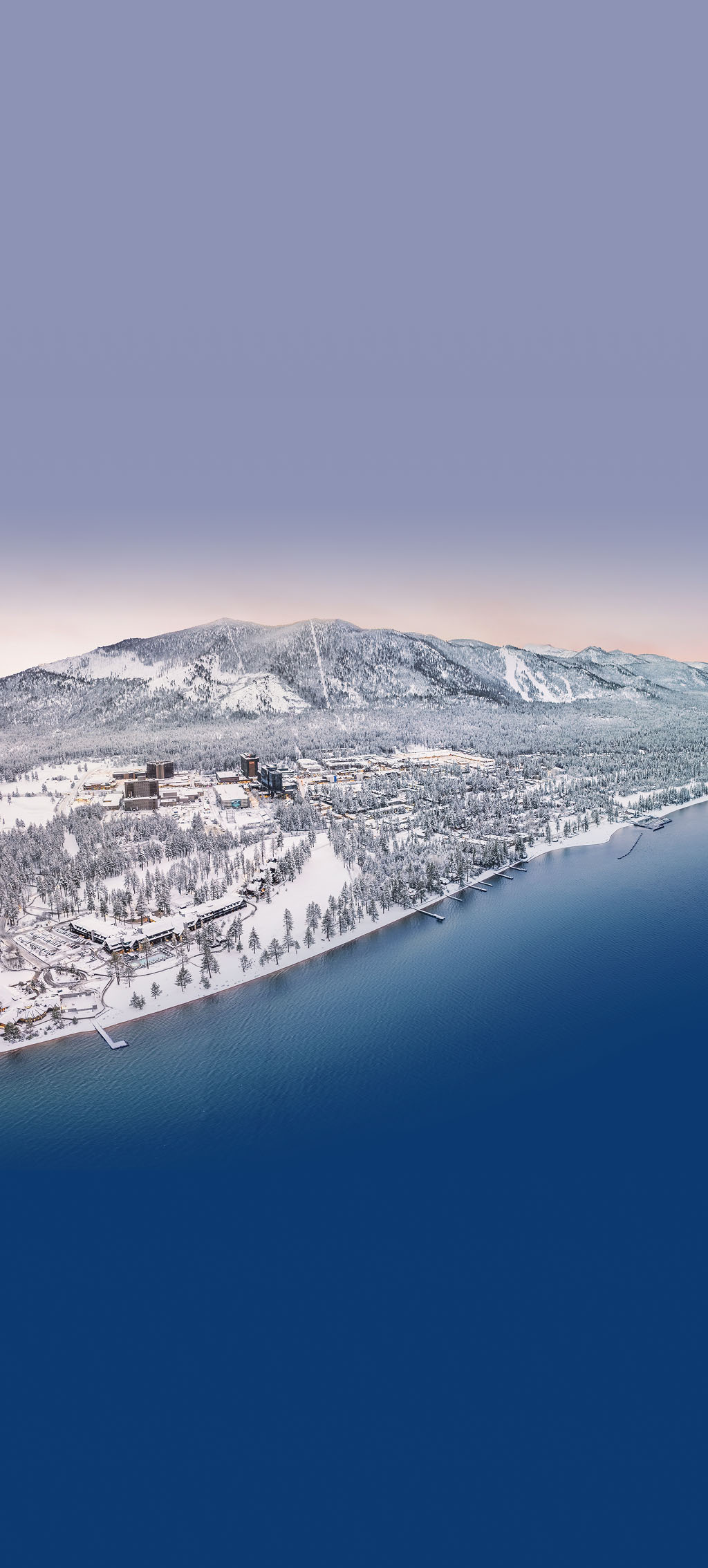 winter aerial view of south lake tahoe