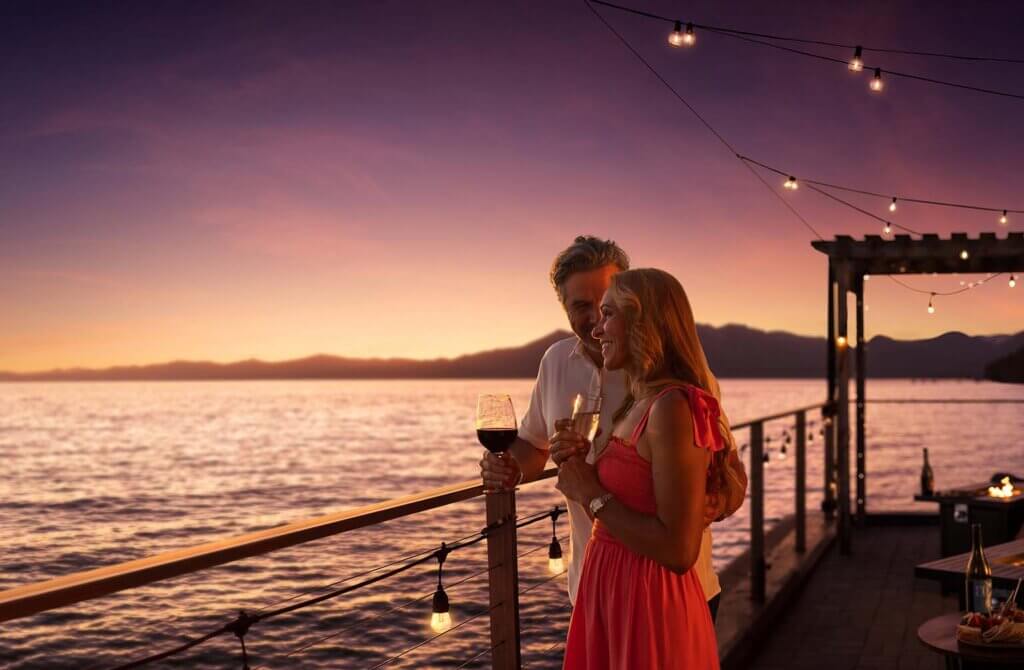 couple cocktails with view of lake tahoe at sunset